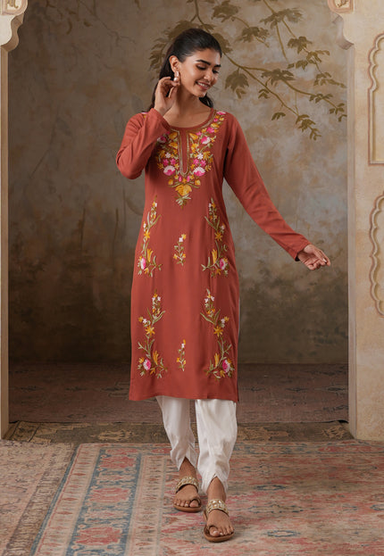 Qazmi Women's Sahar Kashmiri Aari Work Straight Kurta