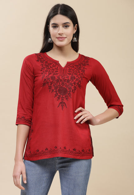 Red Self Aari Short Kurti For Women