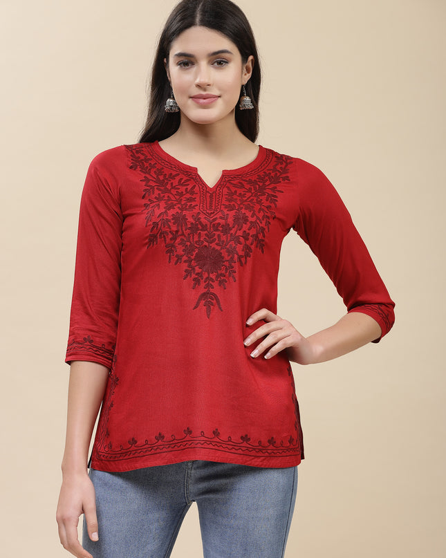 Red Self Aari Short Kurti For Women