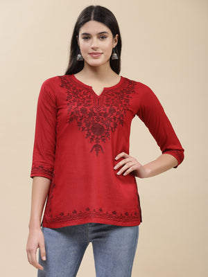 Red Self Aari Short Kurti For Women