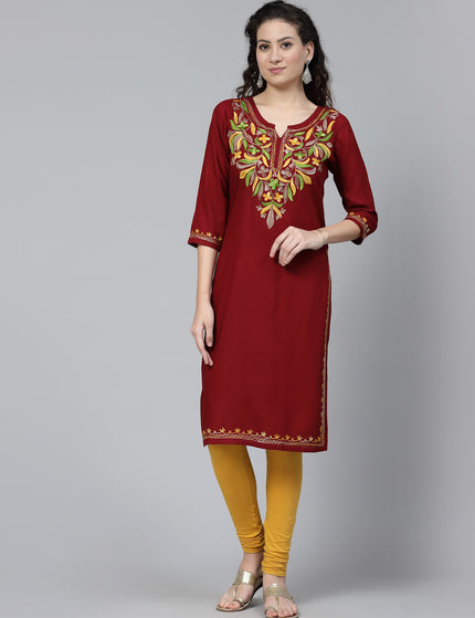 Maroon Multi-Design Aari Long Kurti For Women