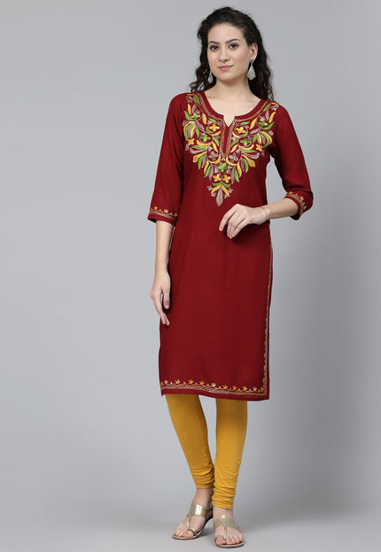 Maroon Multi-Design Aari Long Kurti For Women