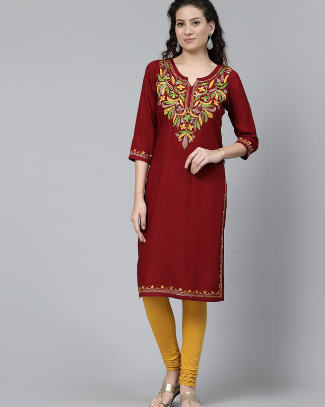 Maroon Multi-Design Aari Long Kurti For Women