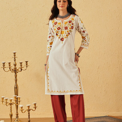 QAZMI Floral Embroidered Keyhole Neck Chinarkari Straight Kurta