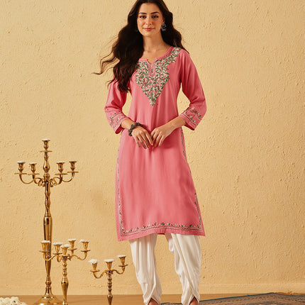 Qazmi Women's Mahsa Kashmiri Aari Work Peach Straight Kurta