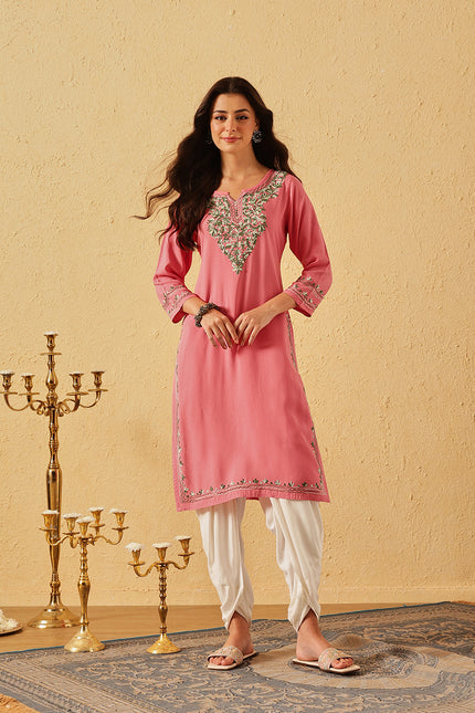 Qazmi Women's Mahsa Kashmiri Aari Work Peach Straight Kurta