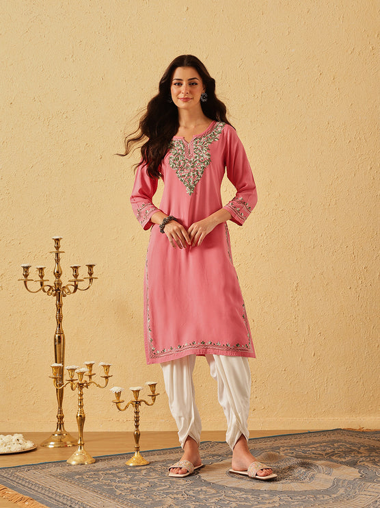 Qazmi Women's Mahsa Kashmiri Aari Work Peach Straight Kurta