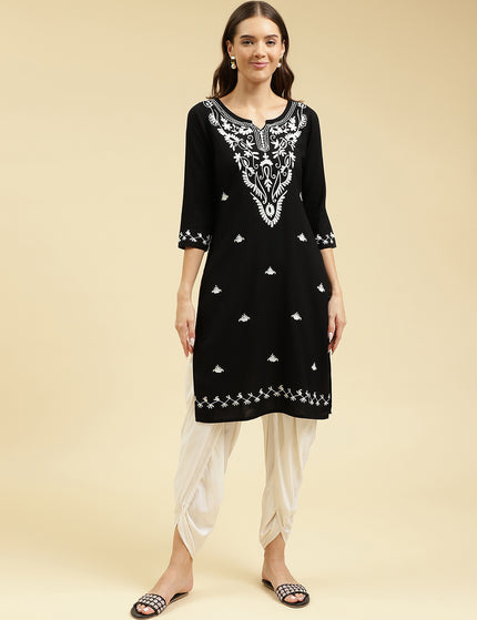 Black Off White Boota Aari Long Kurti For Women