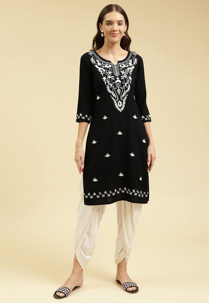 Black Off White Boota Aari Long Kurti For Women