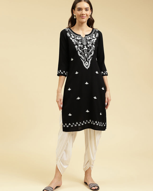 Black Off White Boota Aari Long Kurti For Women