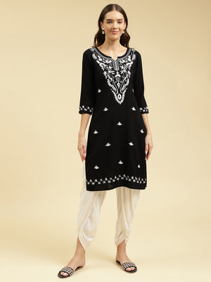 Black Off White Boota Aari Long Kurti For Women