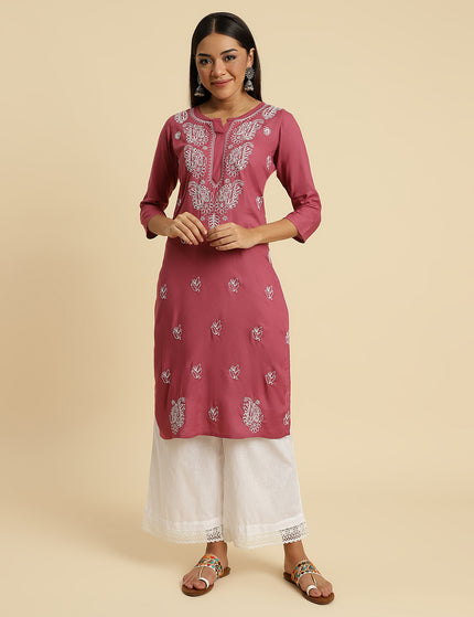 Light Wine Chikan Long Kurti For Women