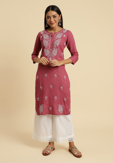 Light Wine Chikan Long Kurti For Women