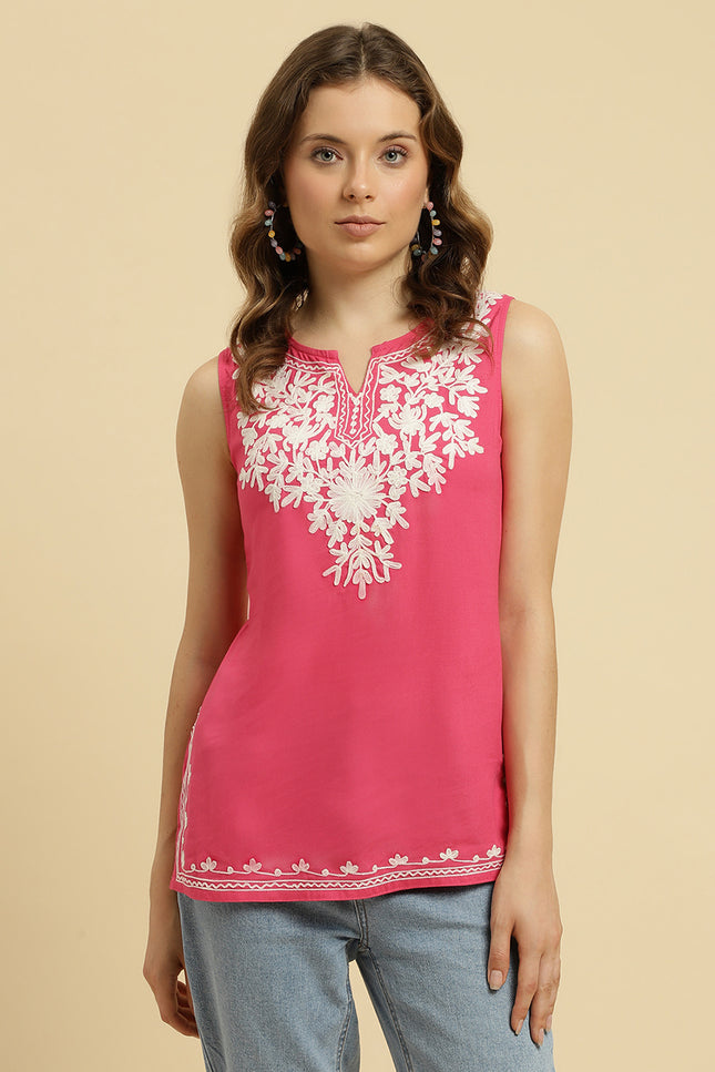 Pink Off White Sleeveless Aari Kurti For Women