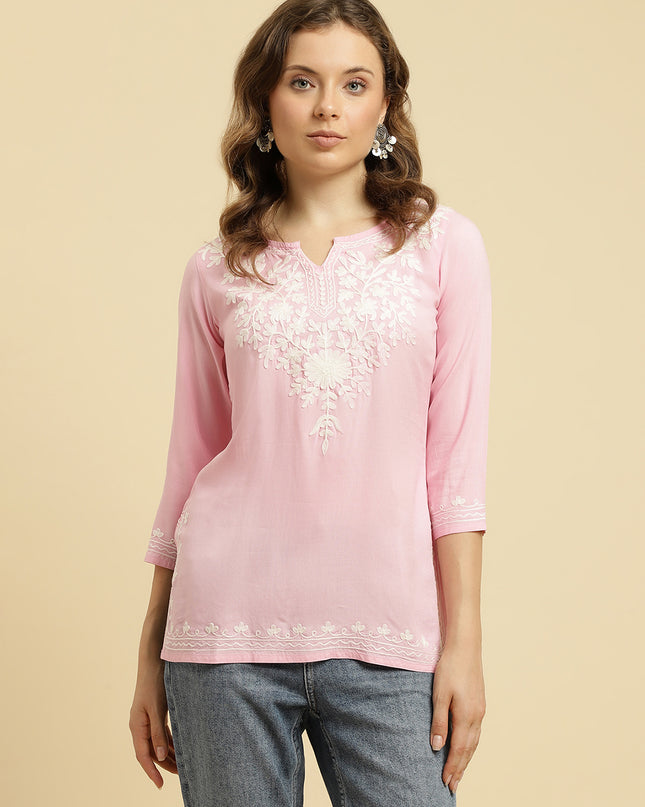 Light Pink Aari Short Kurti For Women