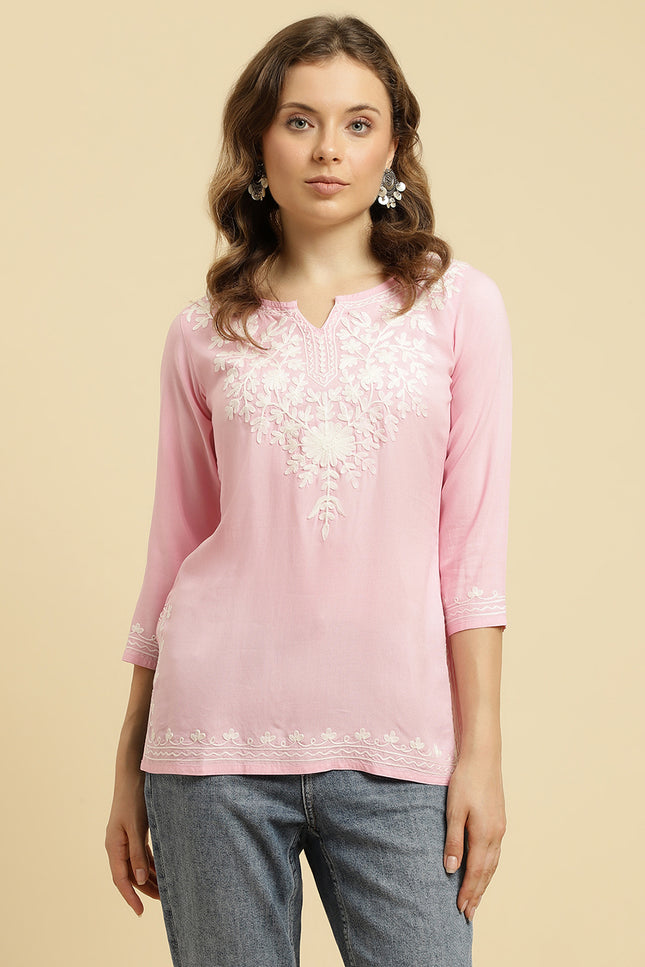 Light Pink Aari Short Kurti For Women