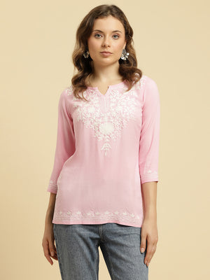 Light Pink Aari Short Kurti For Women