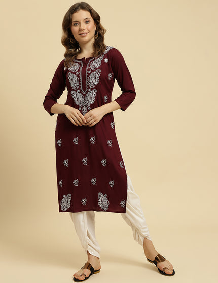 Wine ChikanKari Long Kurti Kurti For Women