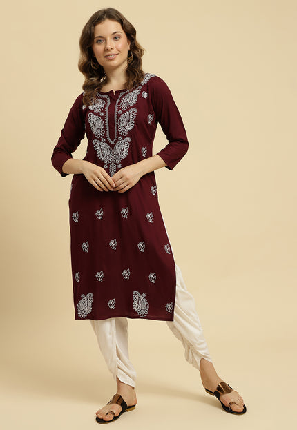 Wine ChikanKari Long Kurti Kurti For Women
