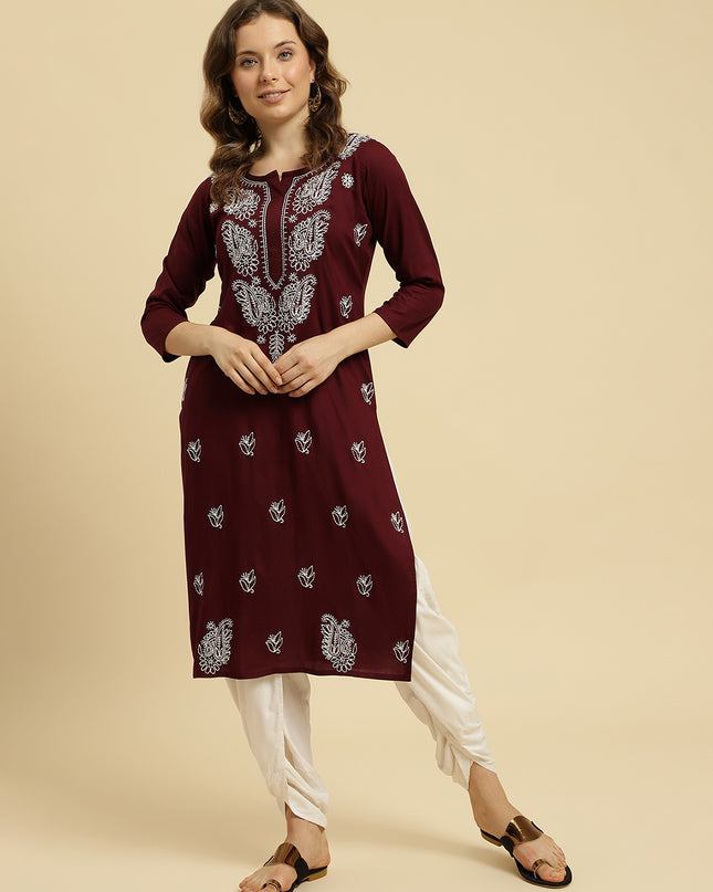 Wine ChikanKari Long Kurti Kurti For Women