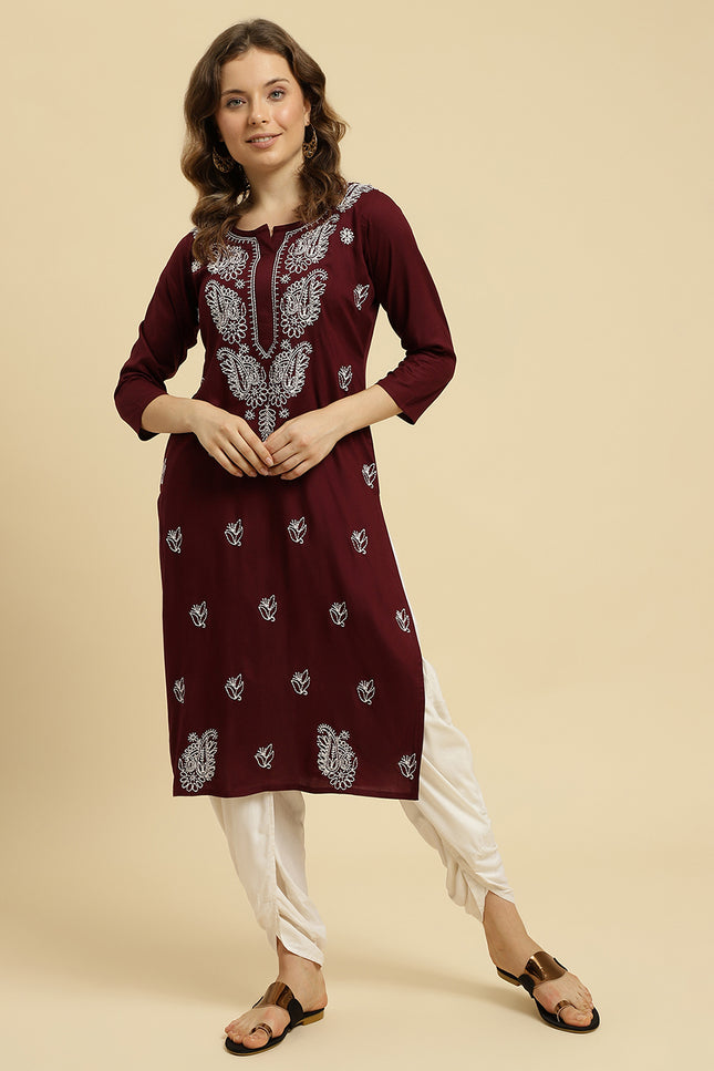 Wine ChikanKari Long Kurti Kurti For Women