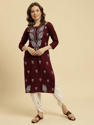Wine ChikanKari Long Kurti Kurti For Women