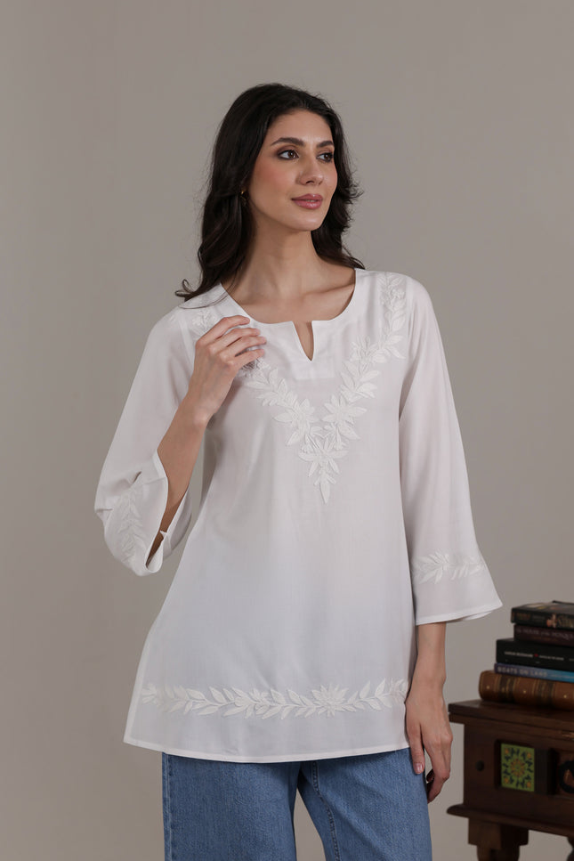 Qazmi Women Kashmiri Aari Embroidered Viscose Rayon A-Line Short Kurti with Bell Sleeves