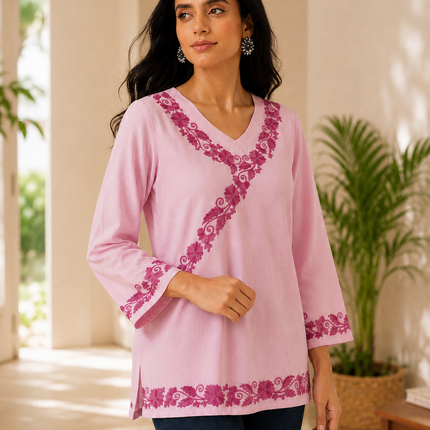 Qazmi Women's Jina V-Neck Kashmiri Aari Work Full Sleeves Kurti