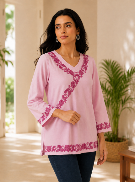 Qazmi Women's Jina V-Neck Kashmiri Aari Work Full Sleeves Kurti