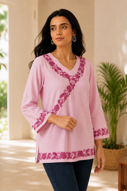Qazmi Women's Jina V-Neck Kashmiri Aari Work Full Sleeves Kurti
