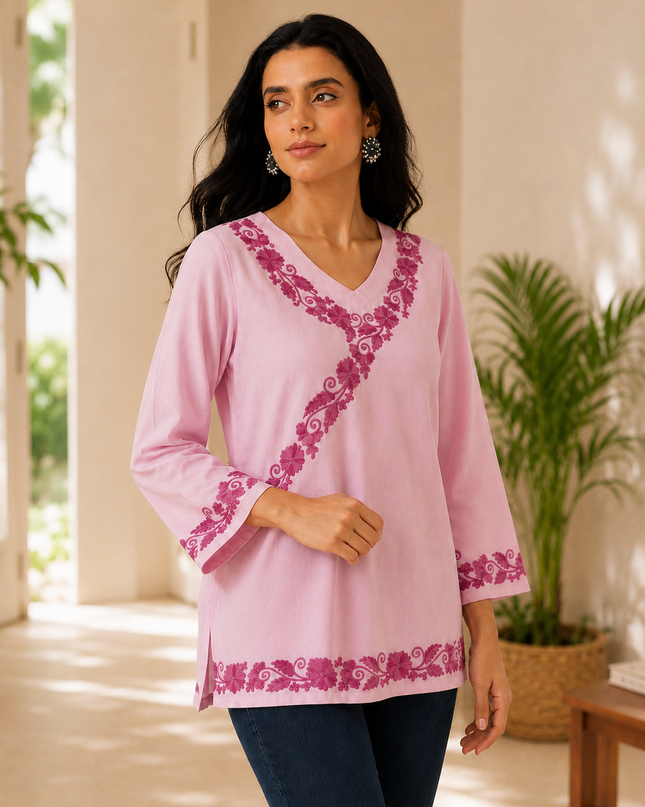 Qazmi Women's Jina V-Neck Kashmiri Aari Work Full Sleeves Kurti