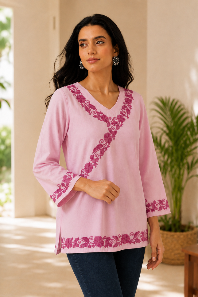 Qazmi Women's Jina V-Neck Kashmiri Aari Work Full Sleeves Kurti