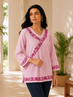 Qazmi Women's Jina V-Neck Kashmiri Aari Work Full Sleeves Kurti