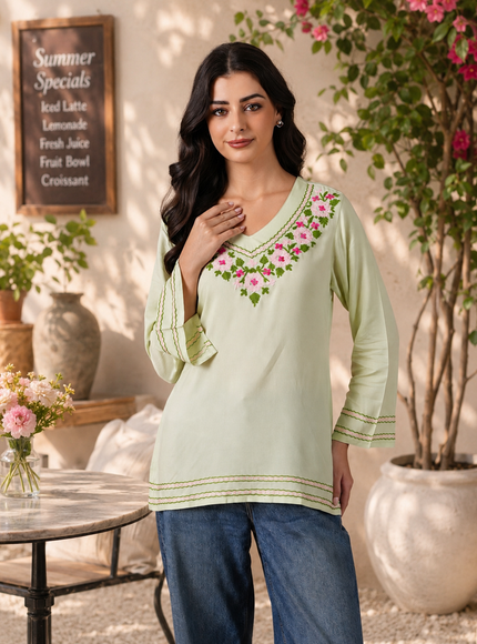Qazmi Women's Ariana Kashmiri Embroidered V-Neck Short Kurti