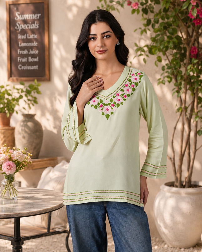 Qazmi Women's Ariana Kashmiri Embroidered V-Neck Short Kurti