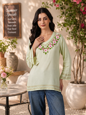 Qazmi Women's Ariana Kashmiri Embroidered V-Neck Short Kurti