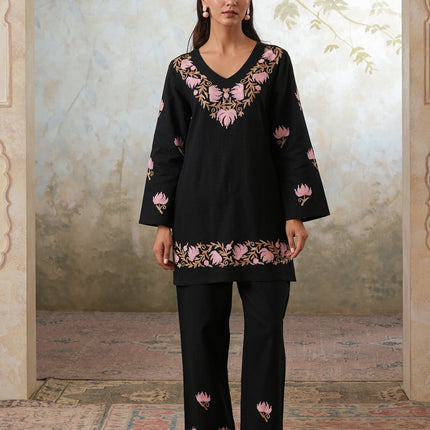 Qazmi Women's Kashmiri Chinarkari Work Olive Green CoOrd Set