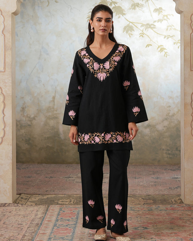 Qazmi Women's Kashmiri Chinarkari Work Olive Green CoOrd Set