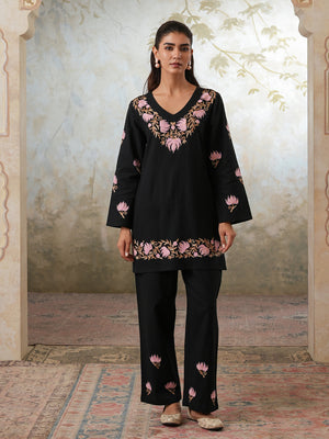 Qazmi Women's Kashmiri Chinarkari Work Olive Green CoOrd Set