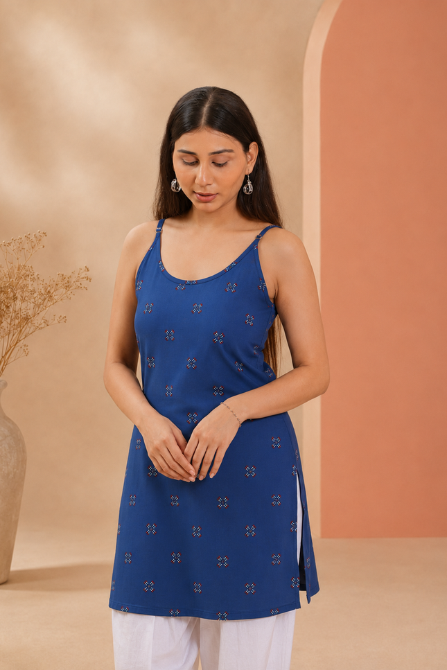 Qazmi Women Embroidered Viscose Rayon Sleeveless Printed Kurti