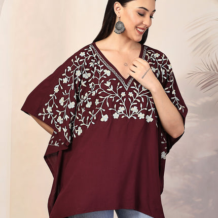 QAZMI Sheen V-Neck Flared Sleeves Kashmiri Aari Work Kaftan Kurti