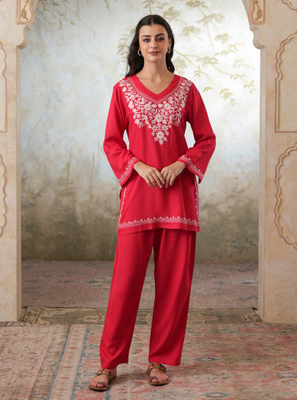 Qazmi Women's Kashmiri Aari Work Red CoOrd Set