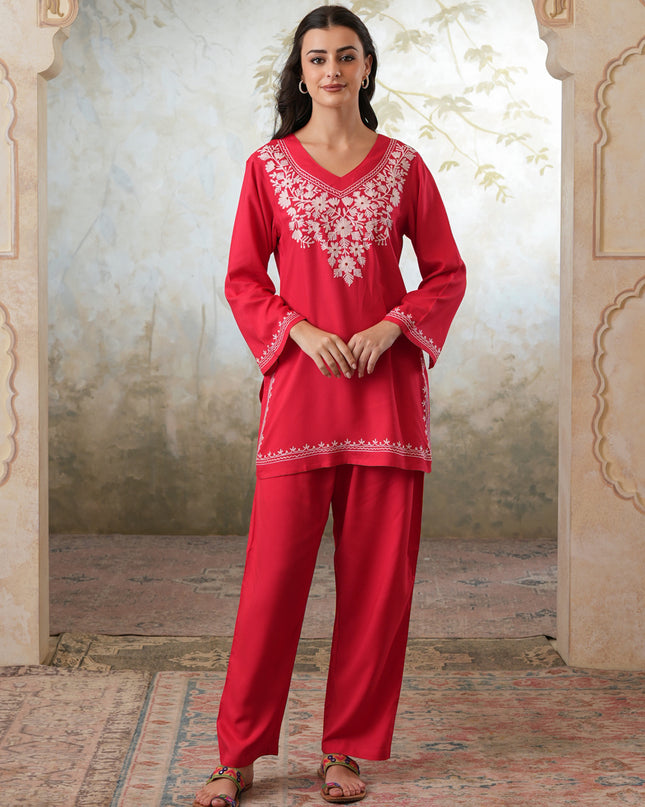 Qazmi Women's Kashmiri Aari Work Red CoOrd Set