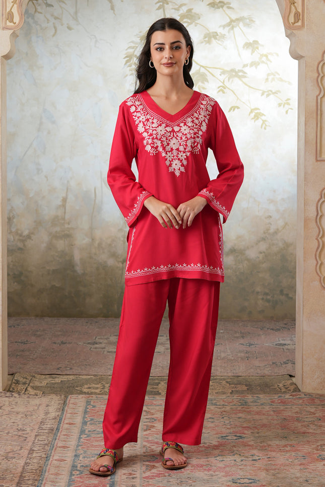 Qazmi Women's Kashmiri Aari Work Red CoOrd Set