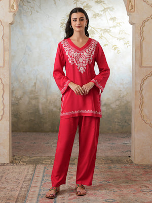Qazmi Women's Kashmiri Aari Work Red CoOrd Set