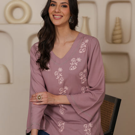 Qazmi Women Kashmiri Aari Embroidered Viscose Rayon Flared Sleeves Short Kurti