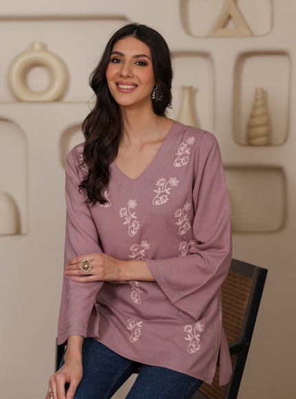 Qazmi Women Kashmiri Aari Embroidered Viscose Rayon Flared Sleeves Short Kurti