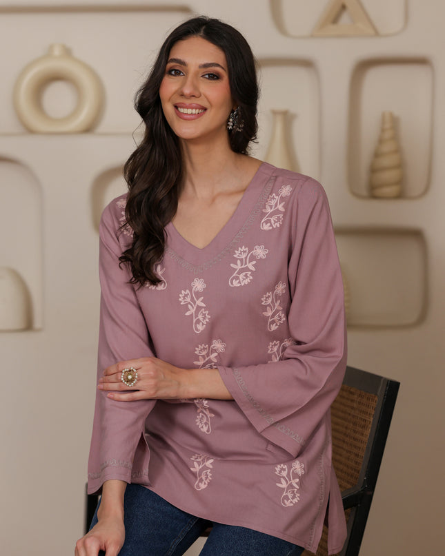 Qazmi Women Kashmiri Aari Embroidered Viscose Rayon Flared Sleeves Short Kurti