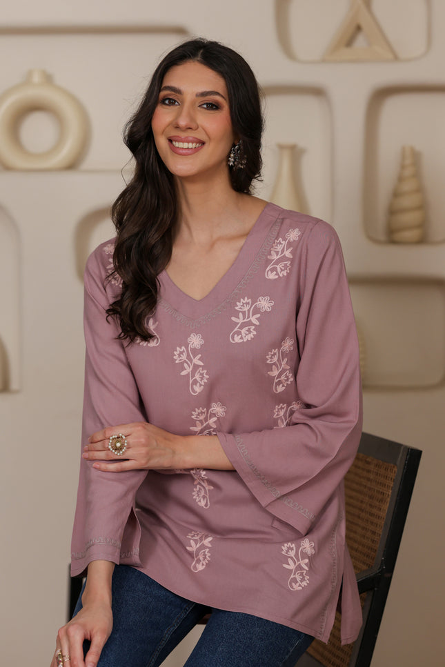 Qazmi Women Kashmiri Aari Embroidered Viscose Rayon Flared Sleeves Short Kurti