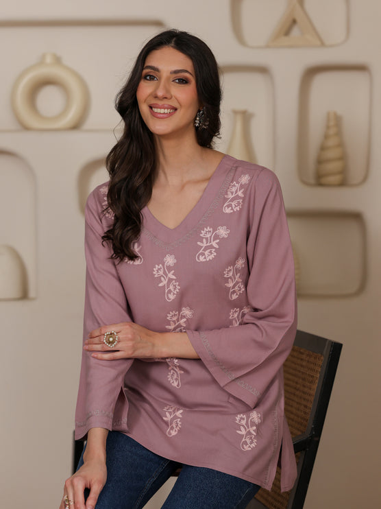 Qazmi Women Kashmiri Aari Embroidered Viscose Rayon Flared Sleeves Short Kurti